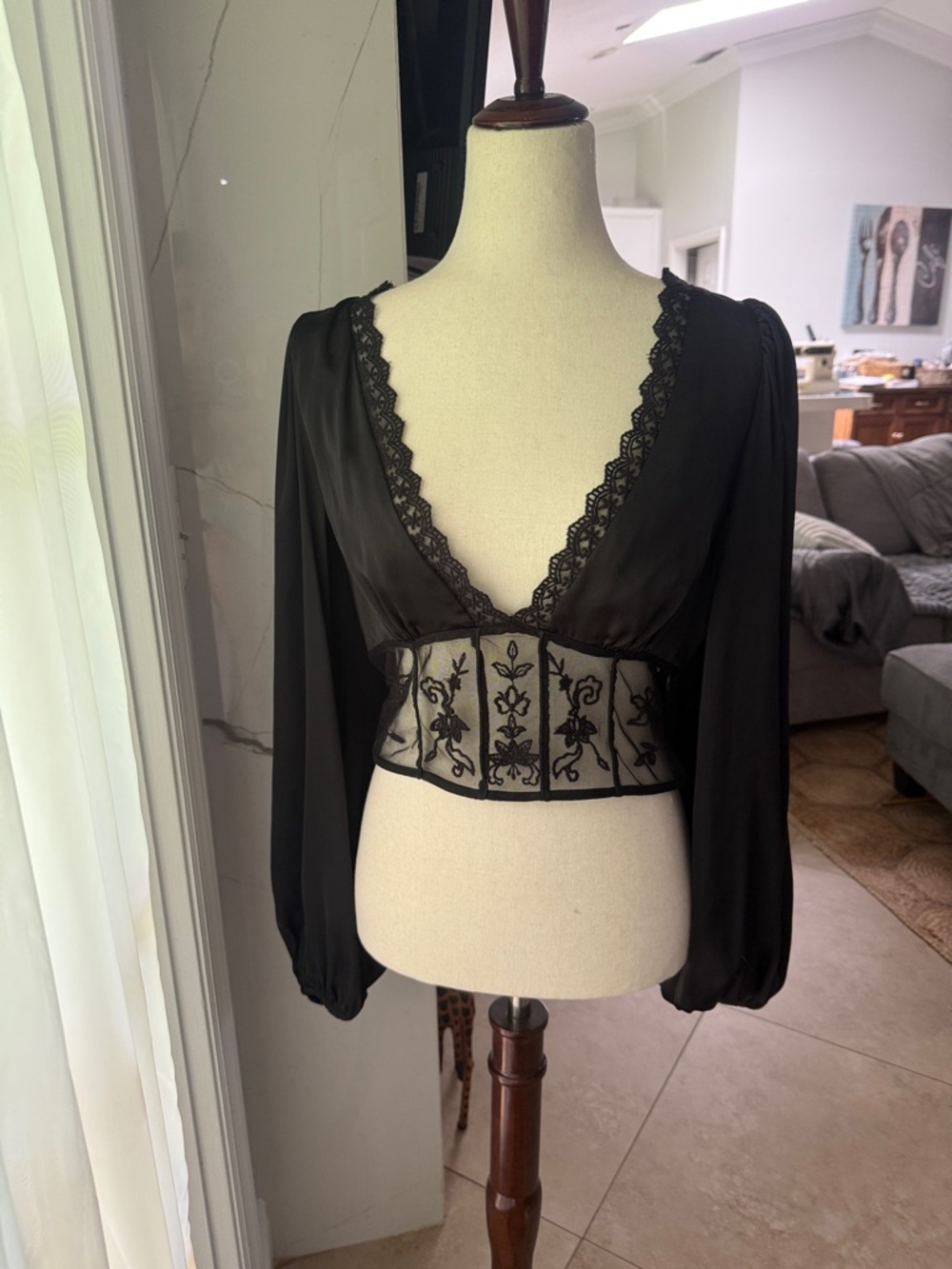 Zara Black Lace-Trim Sheer Panel Blouse